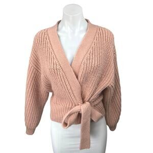 Zara Women's Pink Chunky Knit Tie Waist Oversize Wrap Cardigan Sweater Top Sz S